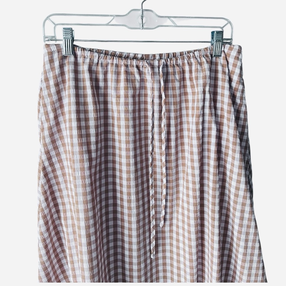 Emerson Lang Gingham Bubble Hem Midi Skirt Medium Beige White - Picture 2 of 7